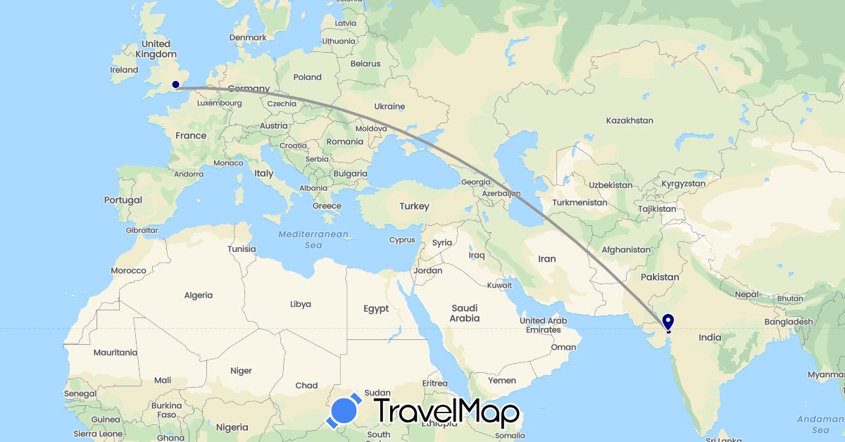 TravelMap itinerary: driving, plane in United Kingdom, India (Asia, Europe)
